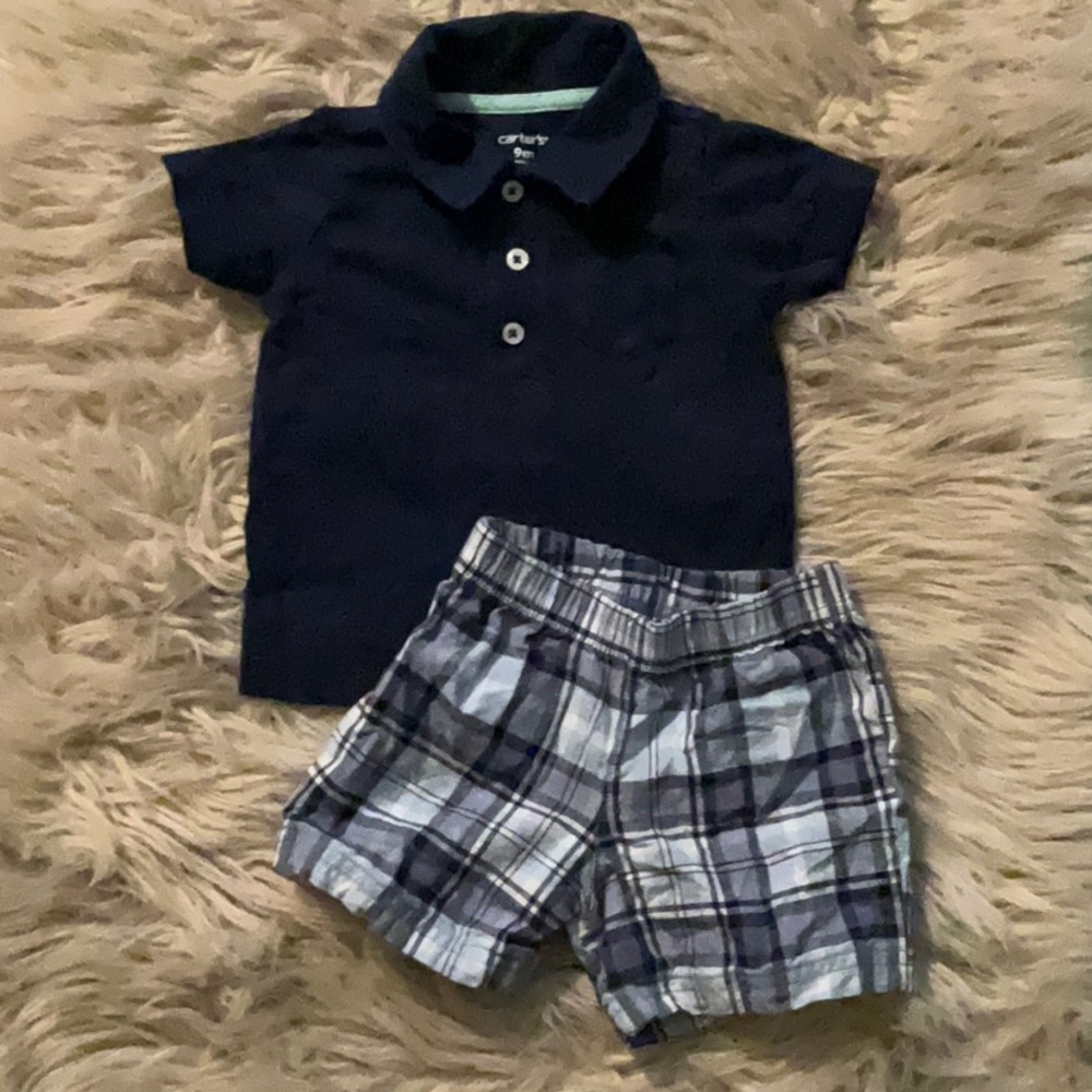 Carter’s short set. Blue plaid pull-up shorts and navy blue pullover shirt 9m.